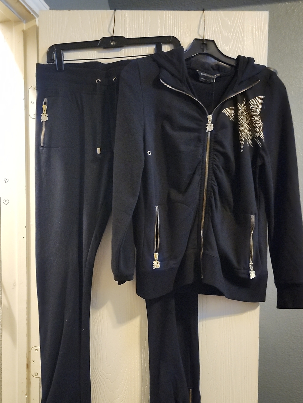 BCBGMaxAzria Black&Gold Rhinestone Butterfly Track Pants & Zip Hoodie Set